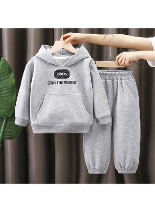 Kids Winter Fleece Hoodie Set, Boys Girls grey Warm Tracksuit, Toddler Thickened 2-Piece Outfit